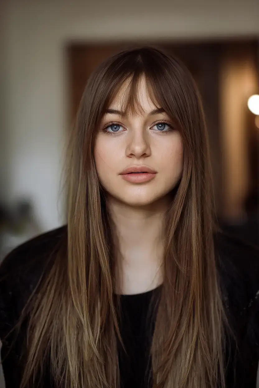 haircuts with bang summer ideas 2025 Sleek Brunette Layers with Baby Bangs