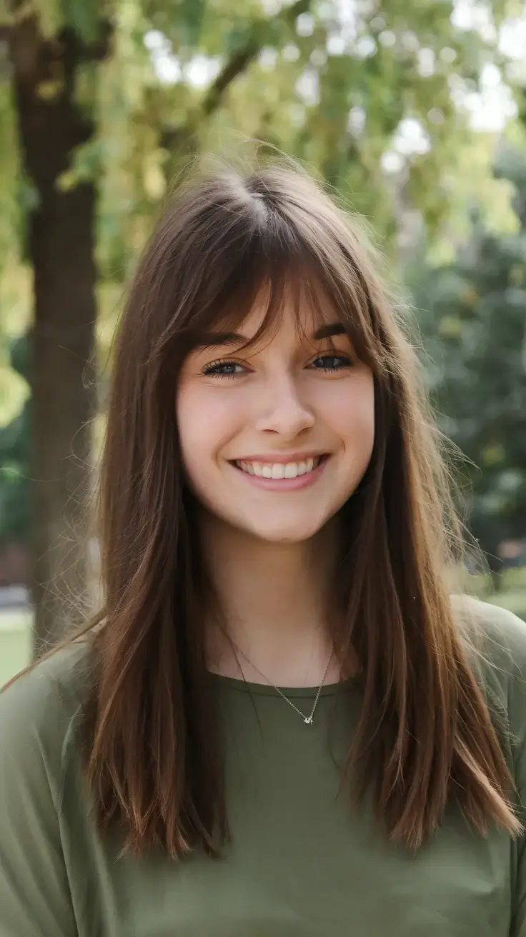 haircuts with bang summer ideas 2025 Light Brunette Layers with Classic Bangs