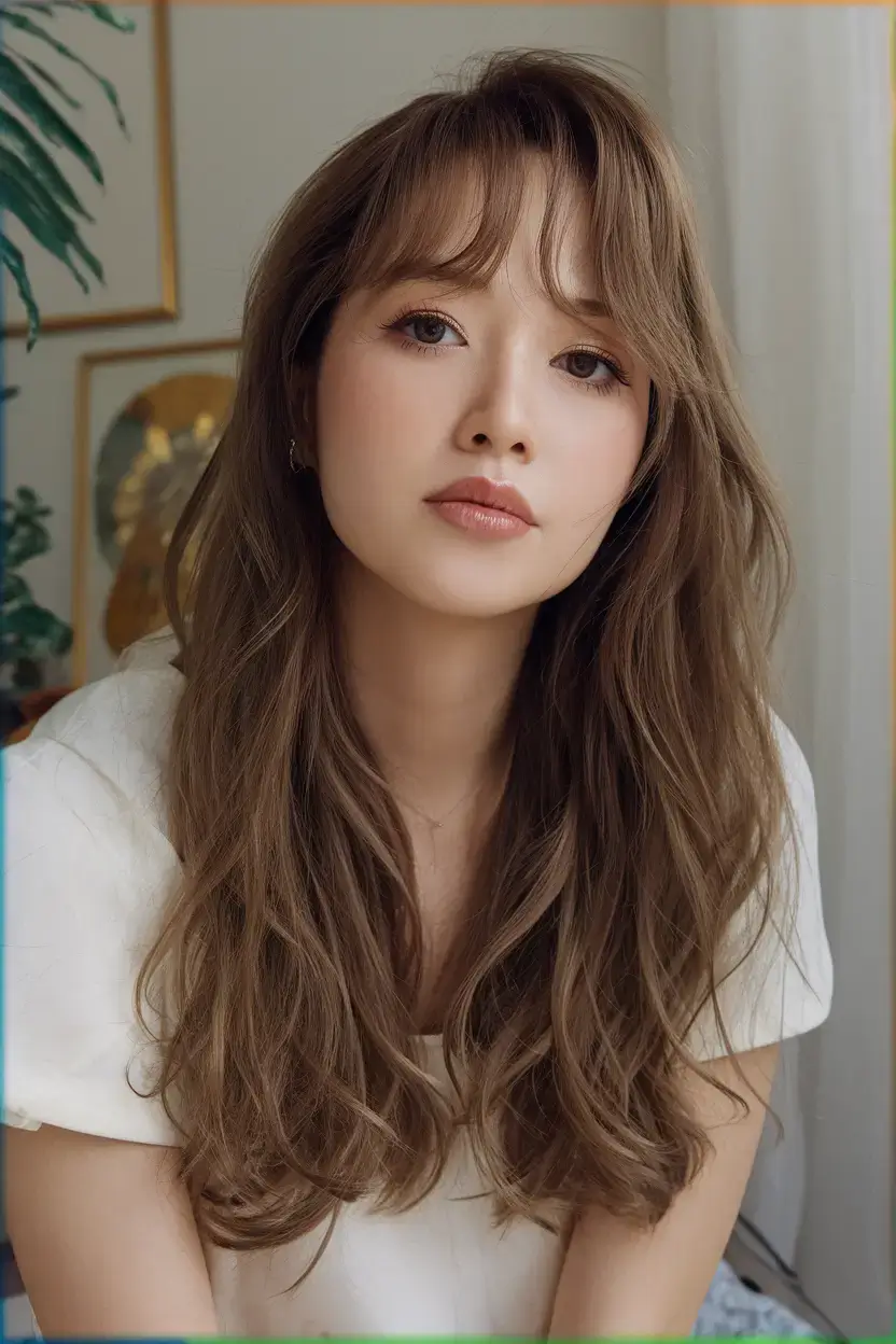 haircuts with bang summer ideas 2025 Soft Curls with Rounded Baby Bangs
