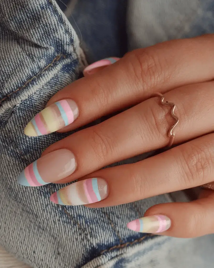 june nails ideas 2025 Pastel Candy Stripes with a Retro Twist