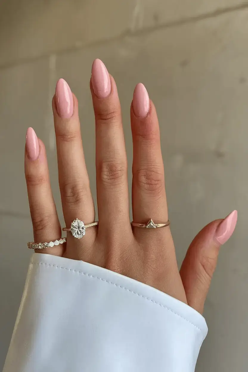 june nails ideas 2025 Glossy Baby Pink Perfection