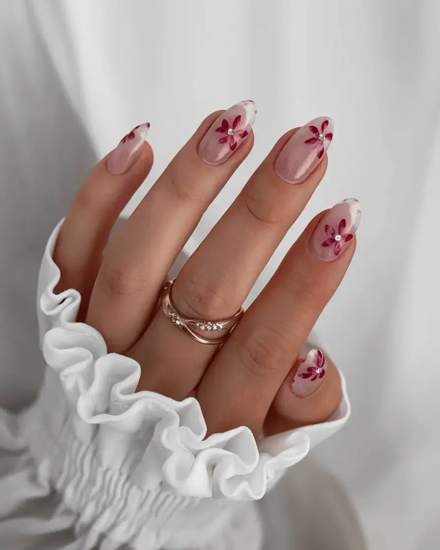 june nails ideas 2025 Crystal-Studded Petal Tips