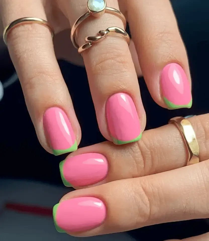 june nails ideas 2025 Bright Pink with Lime French Tips
