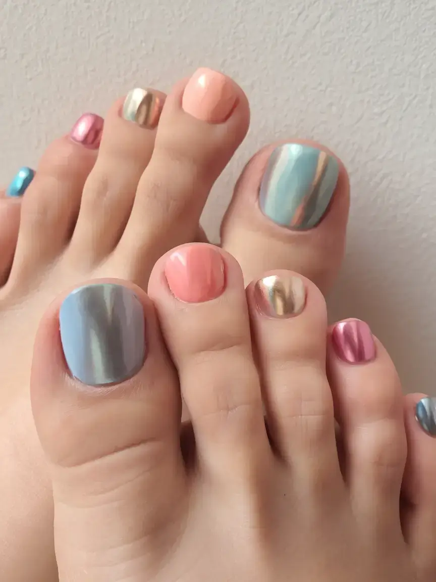 june toe nails ideas 2025 Holographic Skittle Shine