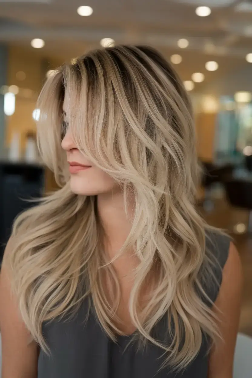 long haircut summer ideas 2025 Layered Blonde Waves with Breezy Curtain Volume