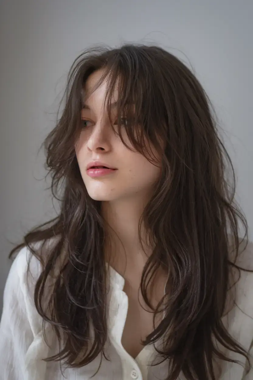 long haircut summer ideas 2025 Soft Shag with Eyelash Bangs