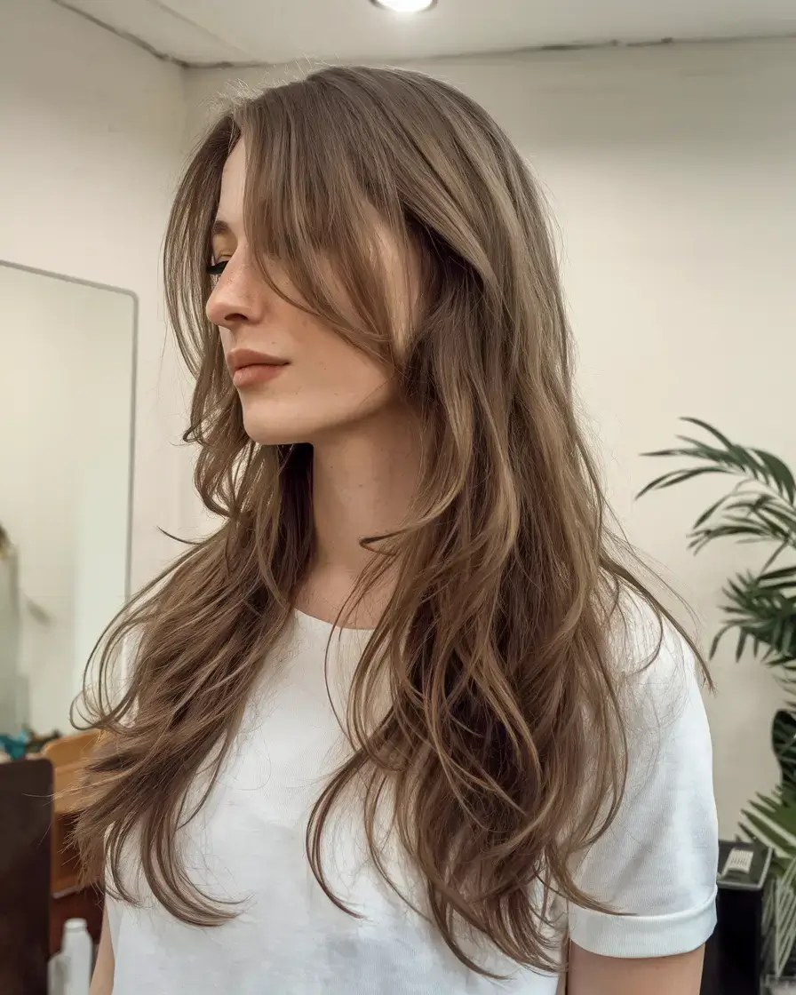 long haircut summer ideas 2025 Golden Ash Layers with Grown-Out Curtain Bangs
