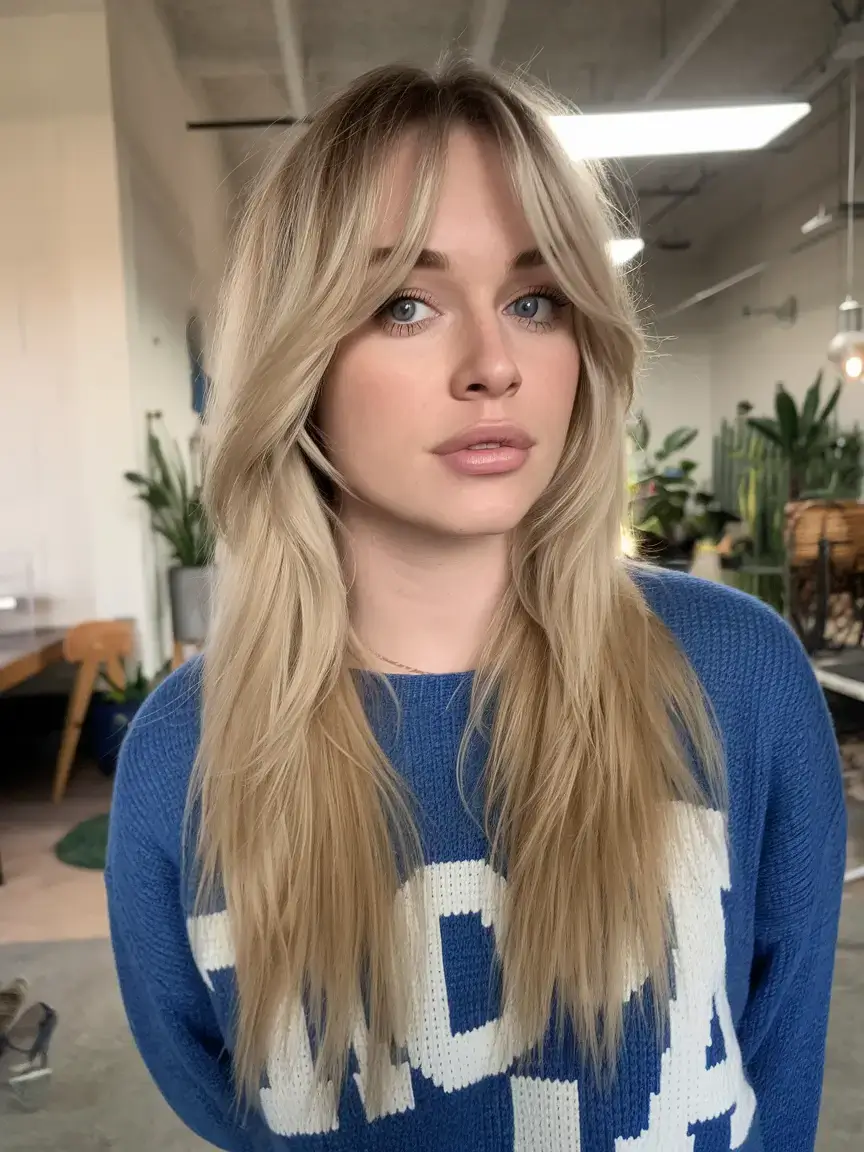 long haircut summer ideas 2025 Blended Long Layers with Bottleneck Bangs