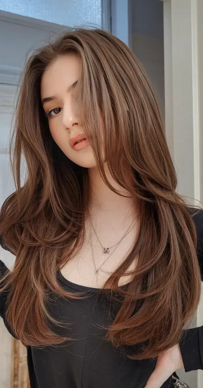 long haircut summer ideas 2025 Rounded Layered Blowout with Glossy Finish