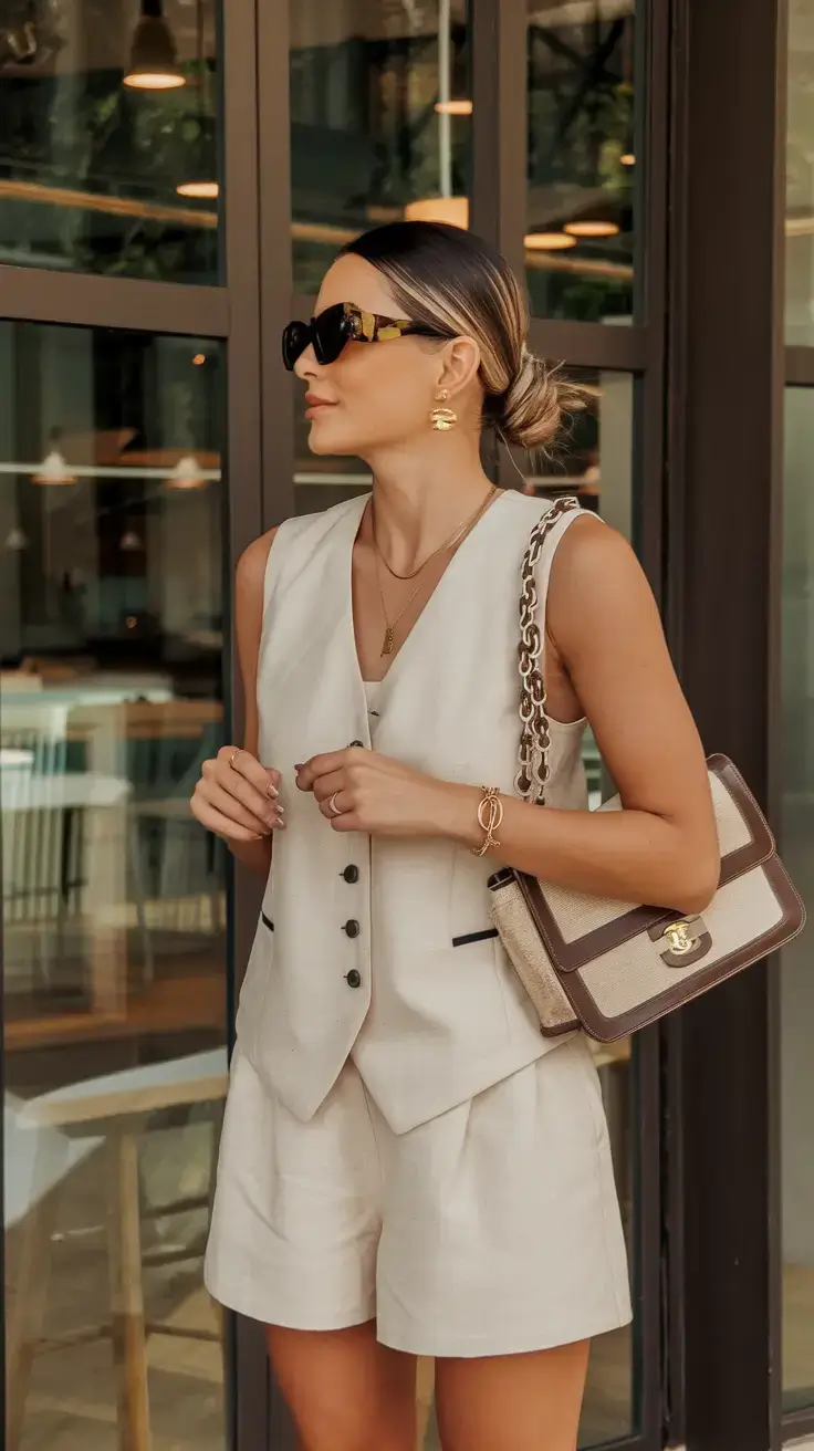 old money outfits ideas summer 2025 Tailored Cream Layers with Gold Chain Details