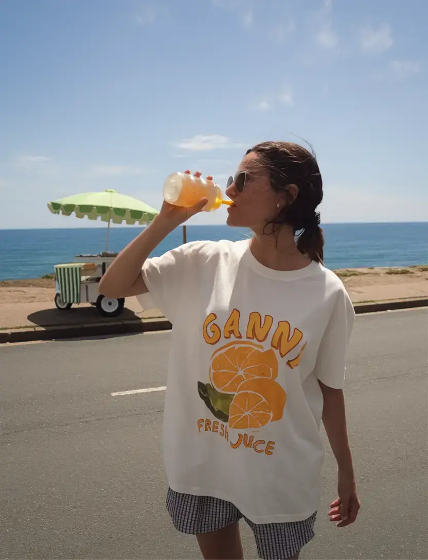 oversized summer outfits 2025 Fruit-Print Joy with Coastal Energy