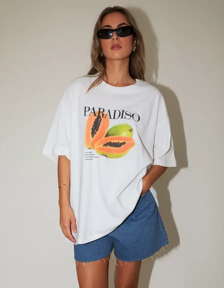 oversized summer outfits 2025 Fruit-Print Graphic Tee Goes Urban Chill