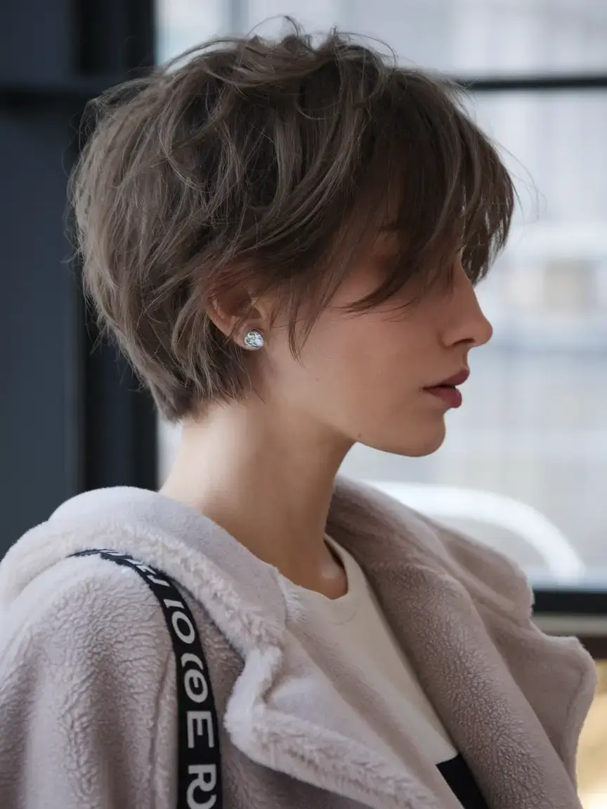 pixie haircuts summer ideas 2025 Airy Ash Brown Pixie with Windswept Layers