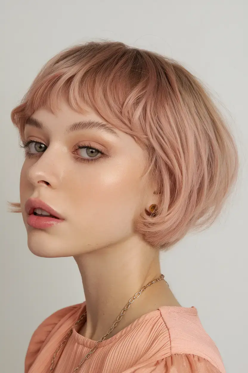 pixie haircuts summer ideas 2025 Peachy Rose Pixie with Baby Bangs