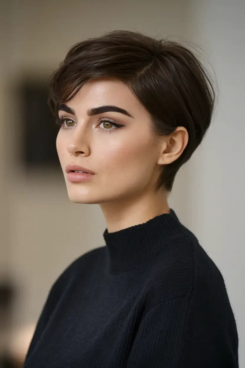 pixie haircuts summer ideas 2025 Polished Brunette Pixie with Sharp Side Sweep
