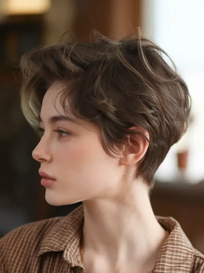 Fluffy Brunette pixie with side volume haircuts 2025