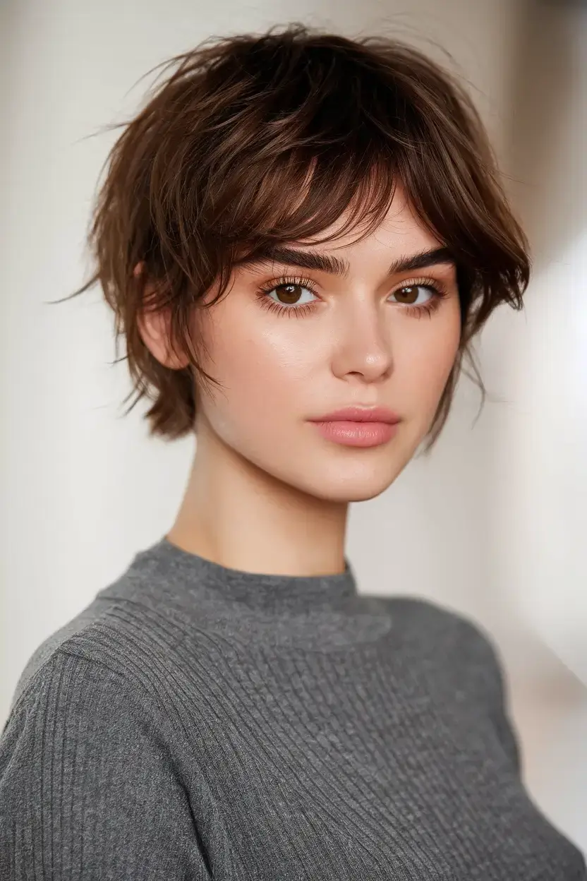 Soft Brunette Pixie with Curved Fringe