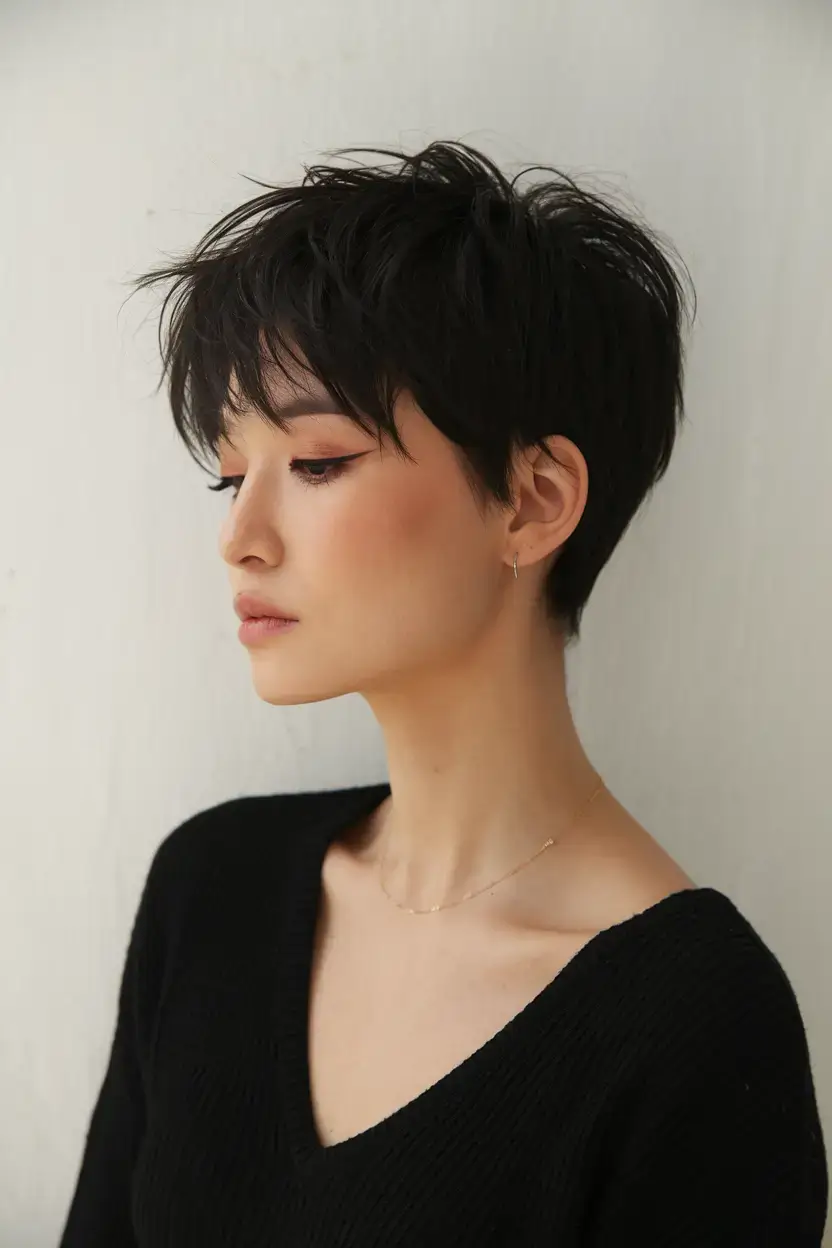 Modern Jet Black Pixie with Crown Volume