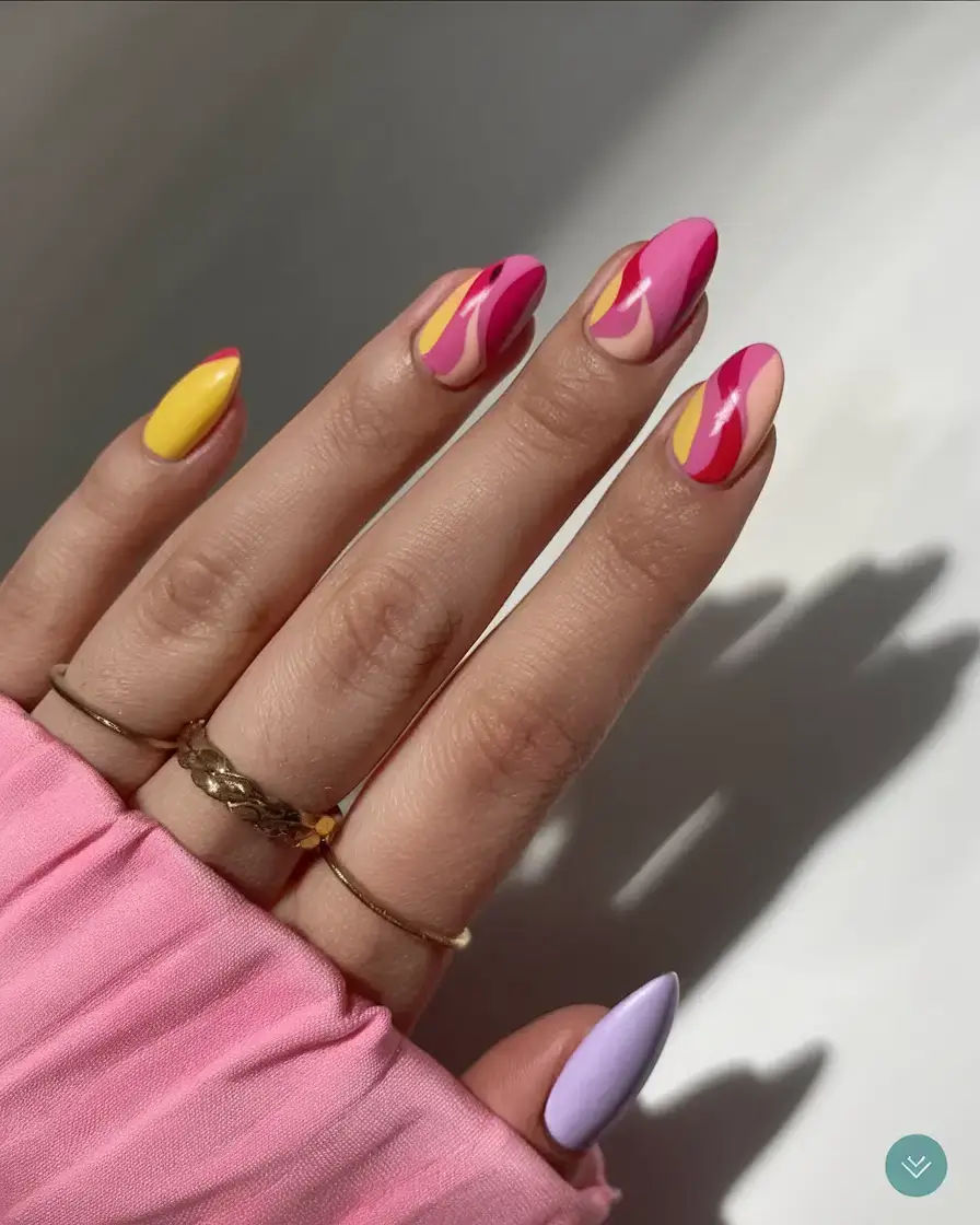 summer almonds nails ideas 2025 Groovy Citrus Waves