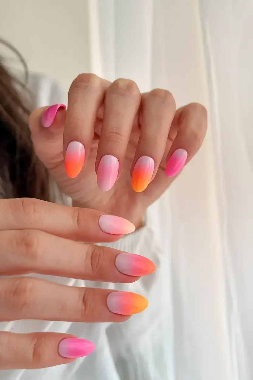 summer almonds nails ideas 2025 Tropical Sunset Fade