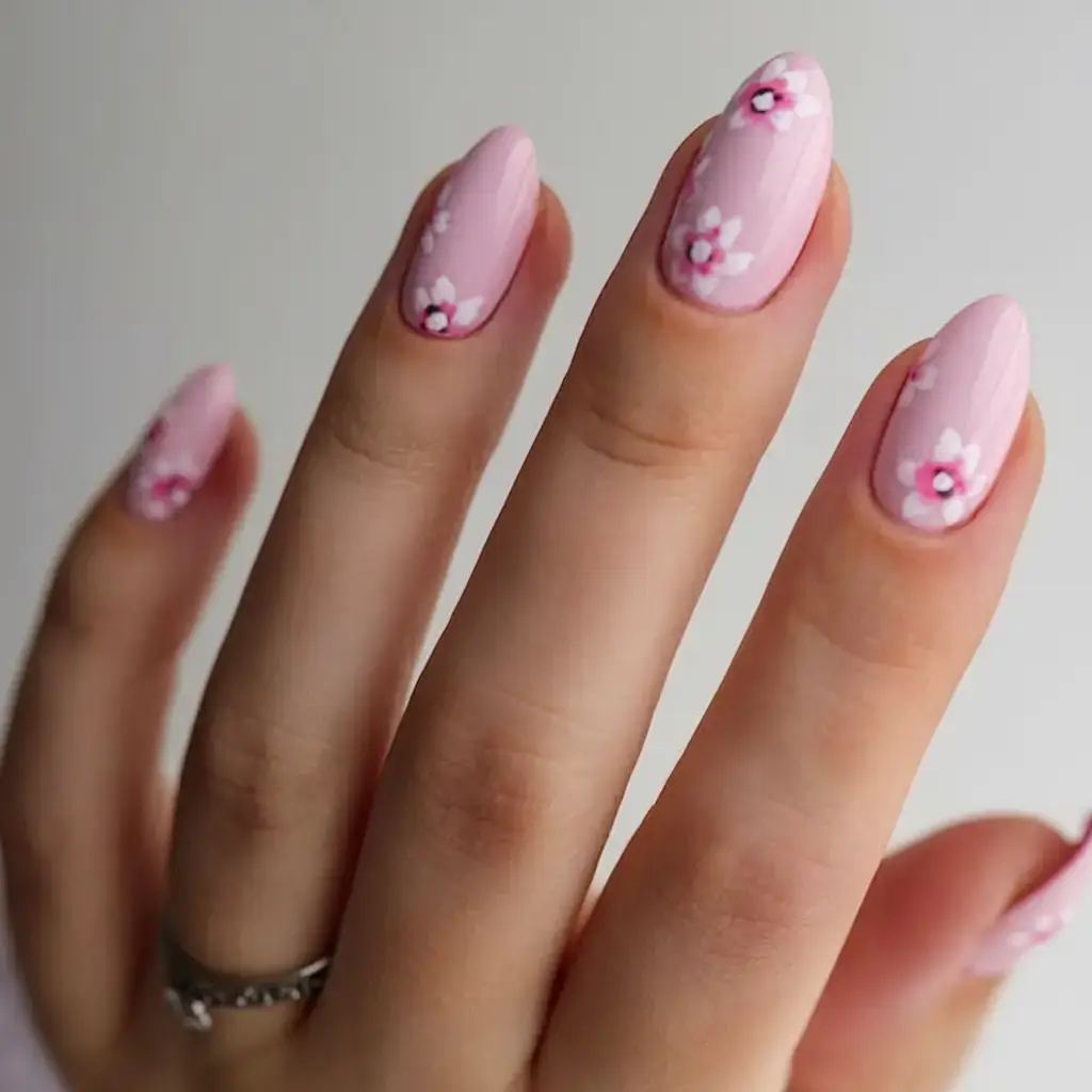 summer almonds nails ideas 2025 Soft Pink Petals with Minimal Daisies