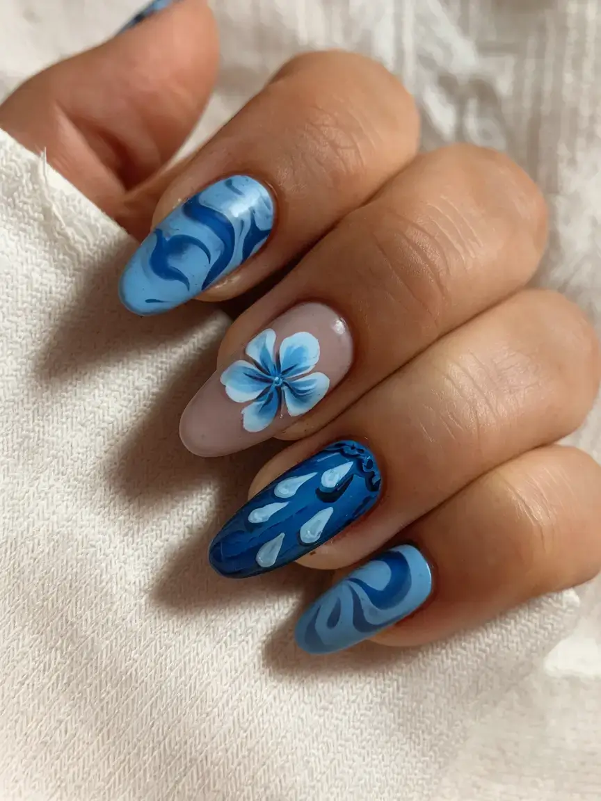 summer almonds nails ideas 2025 Ocean Breeze and Blue Bloom