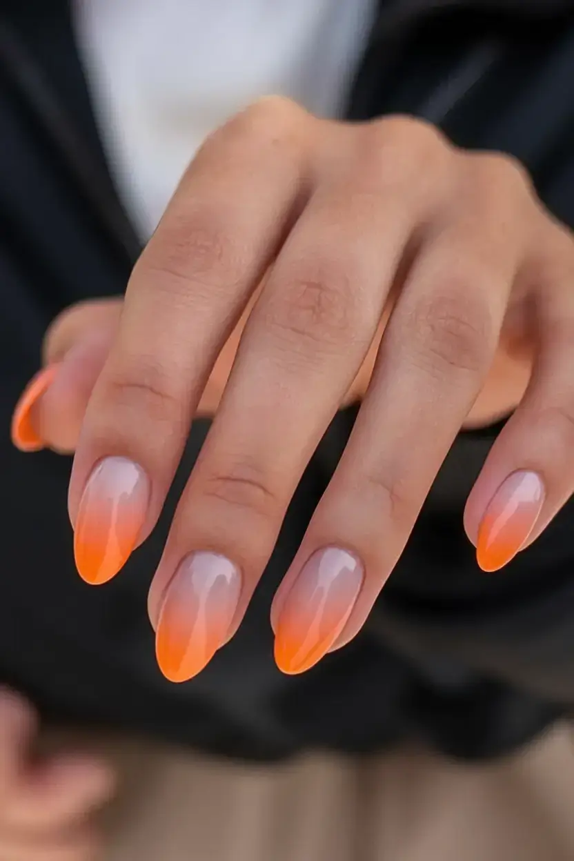 summer almonds nails ideas 2025 Sunset Fade in Citrus Orange