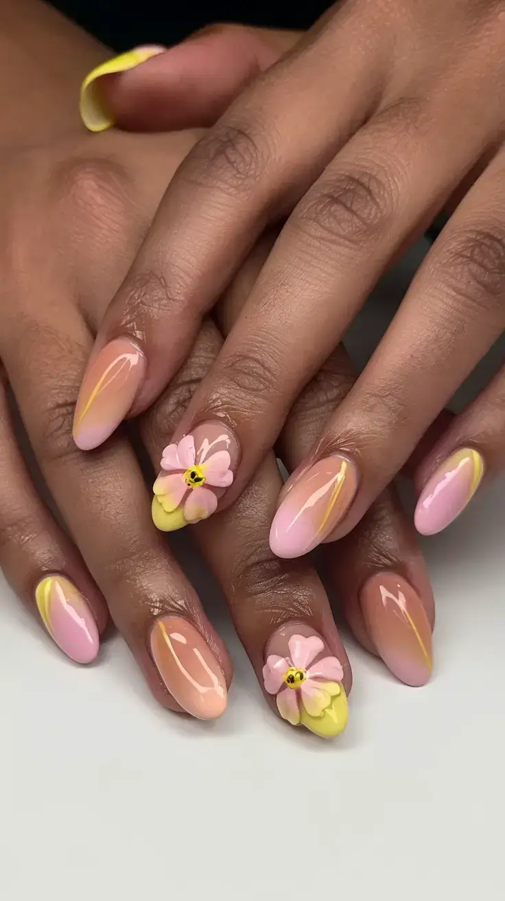 summer almonds nails ideas 2025 3D Lemonade Blooms with Soft Ombre