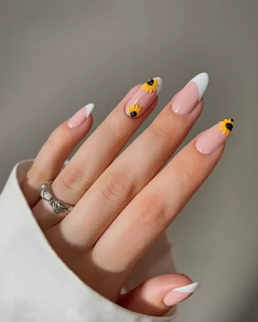 summer almonds nails ideas 2025 Sunflower Chic with French Flair