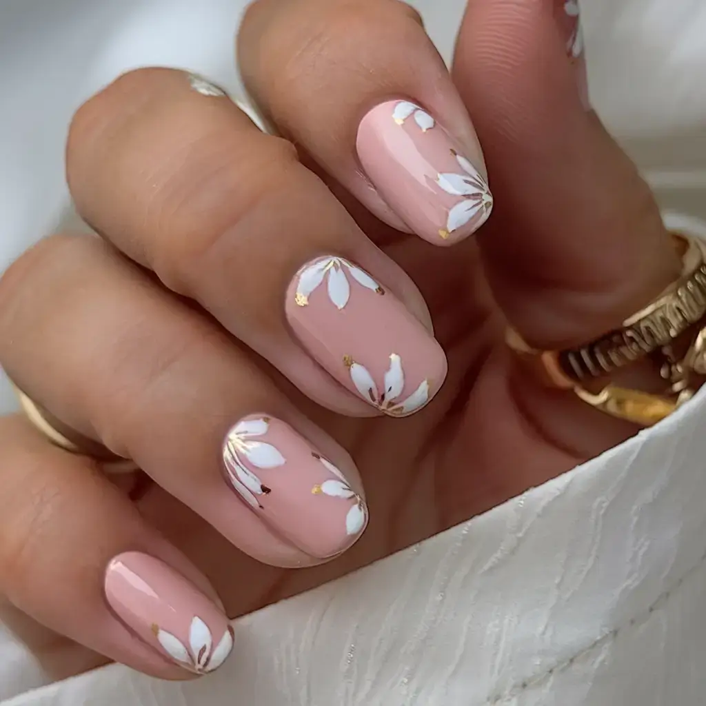 summer almonds nails ideas 2025 Delicate Petals on Rosy Nude