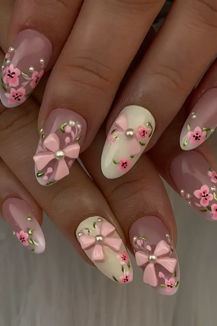 summer almonds nails ideas 2025 3D Bows & Blossoms Fantasy