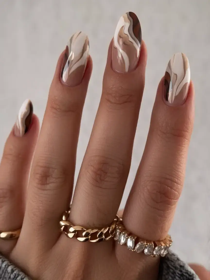 summer almonds nails ideas 2025 Coffee Marble Swirls
