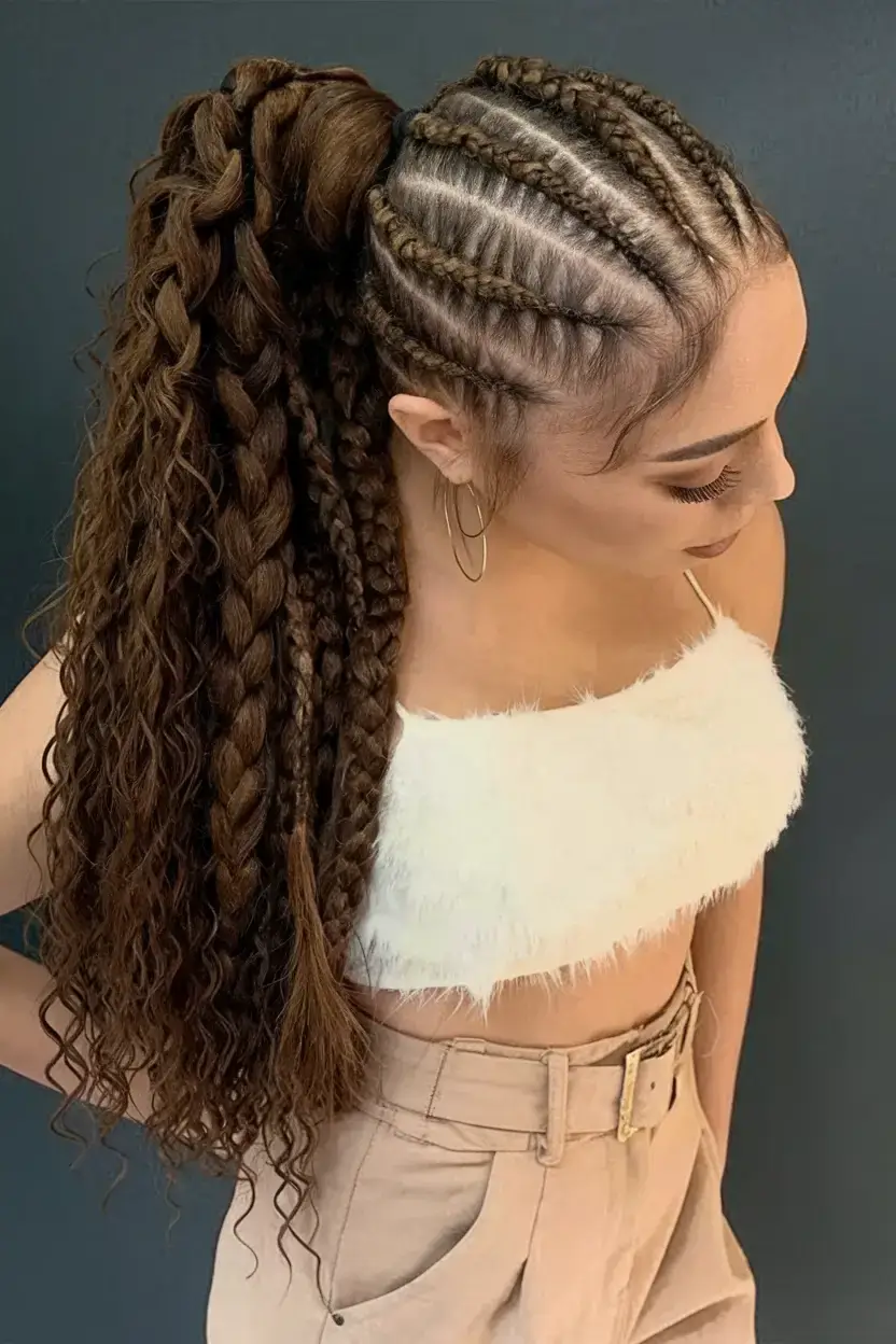summer braids for black women 2025 Cornrow Ponytail with Mixed Textures