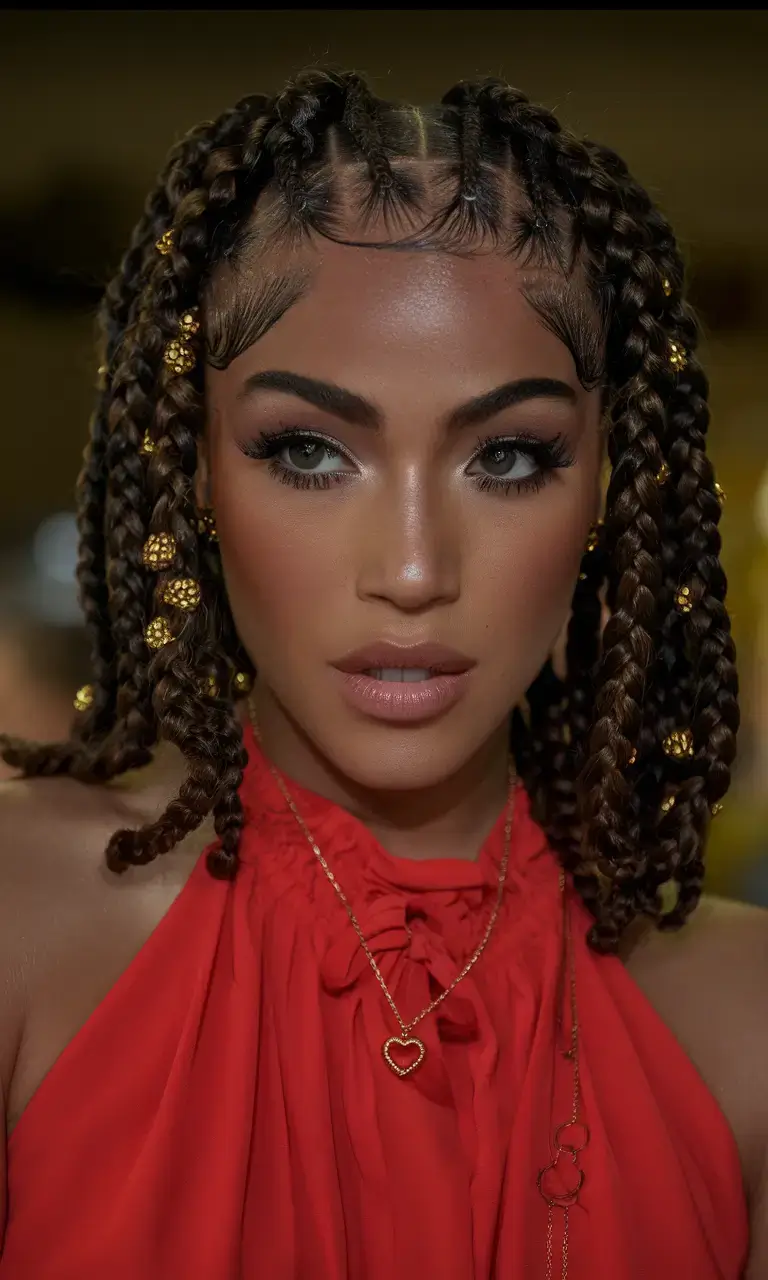 summer braids for black women 2025 Chin-Length Box Braids with Gold Beads