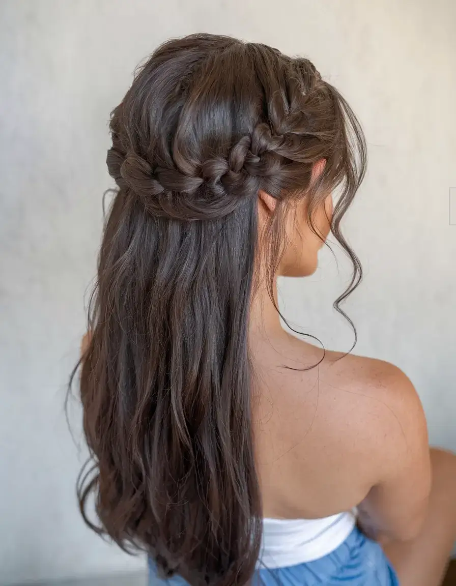 summer braids hairstyle ideas 2025 Romantic Halo Braid With Loose Length
