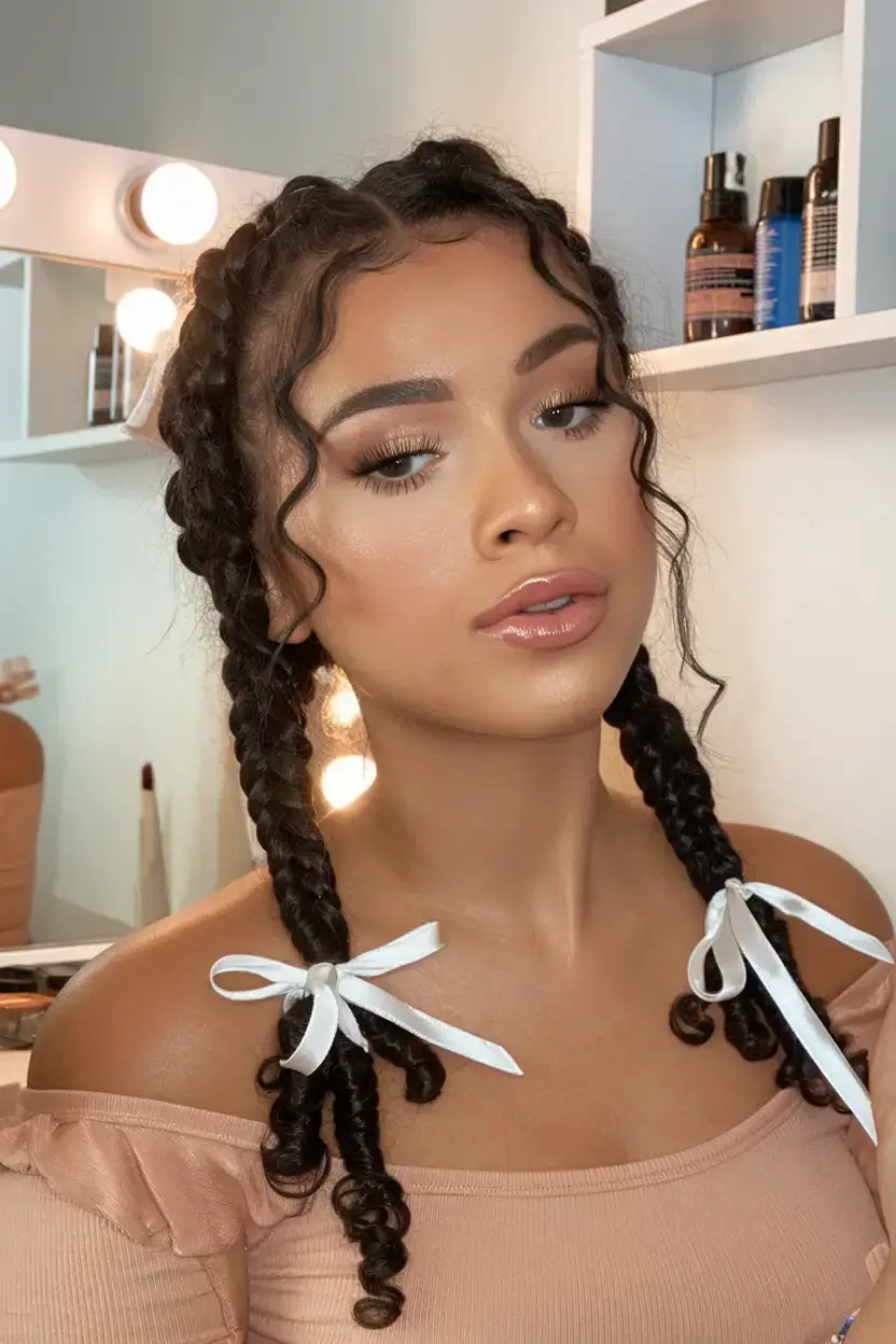summer braids hairstyle ideas 2025 Baby Braids With Glossy Curls and Satin Ties