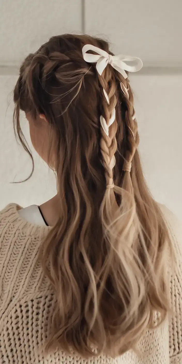 summer braids hairstyle ideas 2025 Ribbon-Wrapped Twin Braids with Beachy Texture