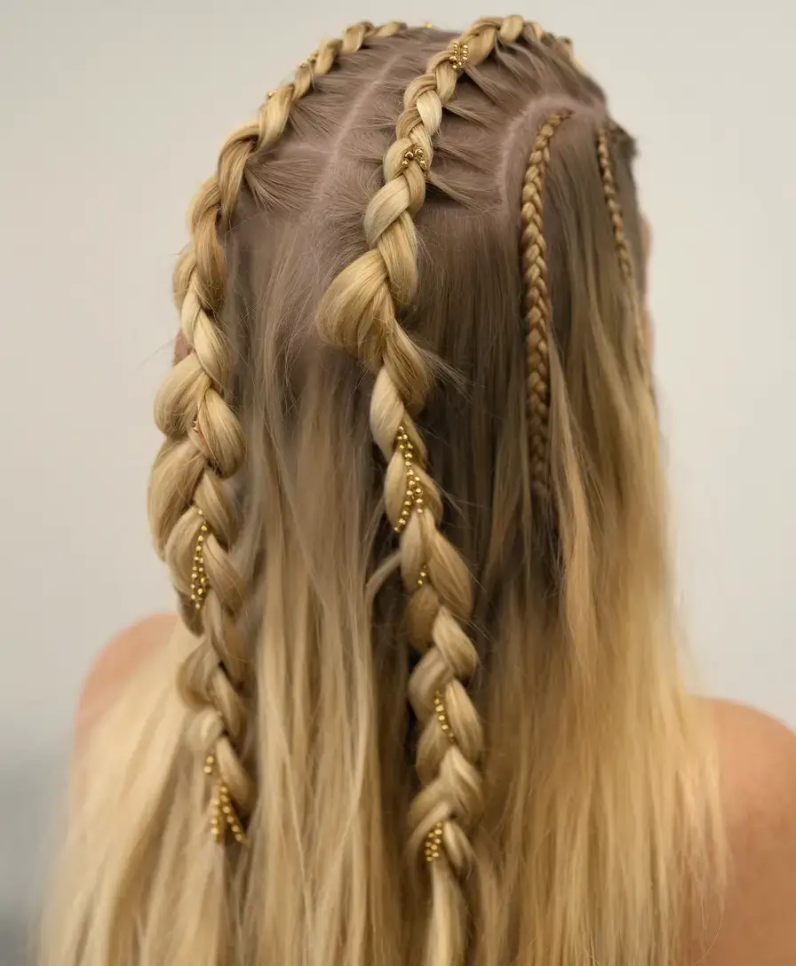 summer braids hairstyle ideas 2025 Golden-Threaded Viking Braids