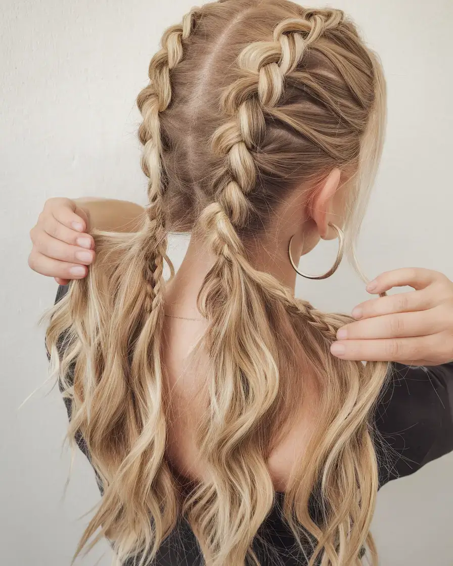 summer braids hairstyle ideas 2025 Double Dutch Braids With Soft Waves
