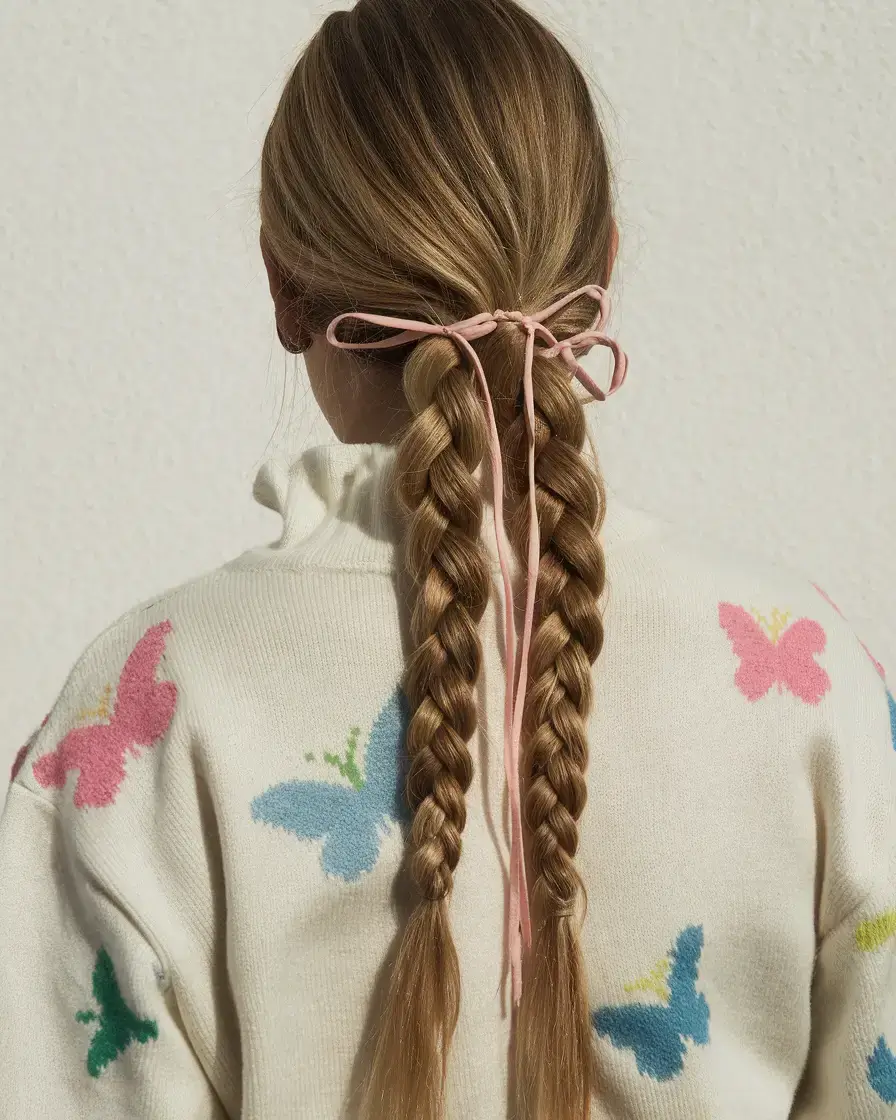 summer braids hairstyle ideas 2025 Classic Twin Braids With a Soft Ribbon Tie
