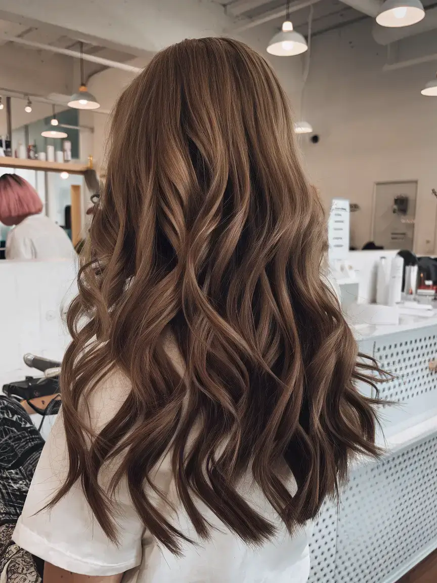 summer brunette hair colors ideas 2025 Classic Summer Brunette with Soft Caramel Waves