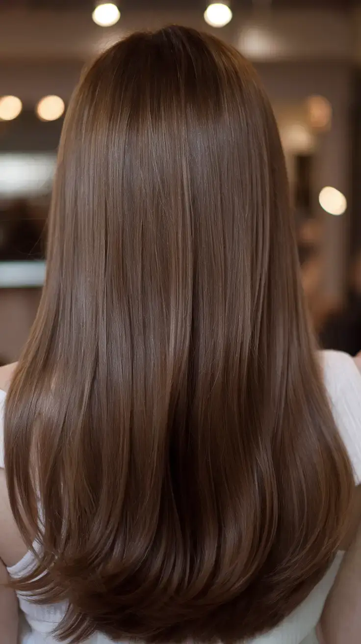 summer brunette hair colors ideas 2025 Glass-Brown Shine with Blended Layers