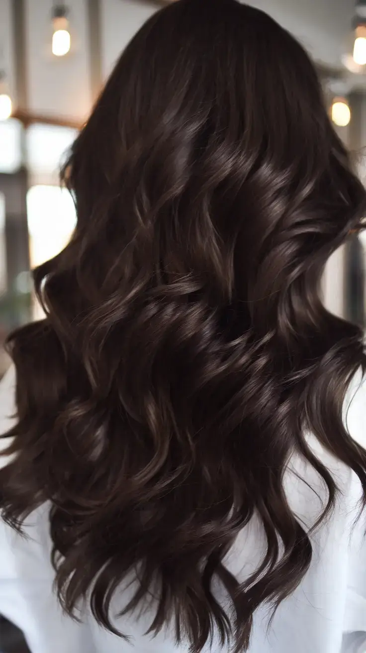 summer brunette hair colors ideas 2025 Glossy Espresso Waves with Soft Curl Definition