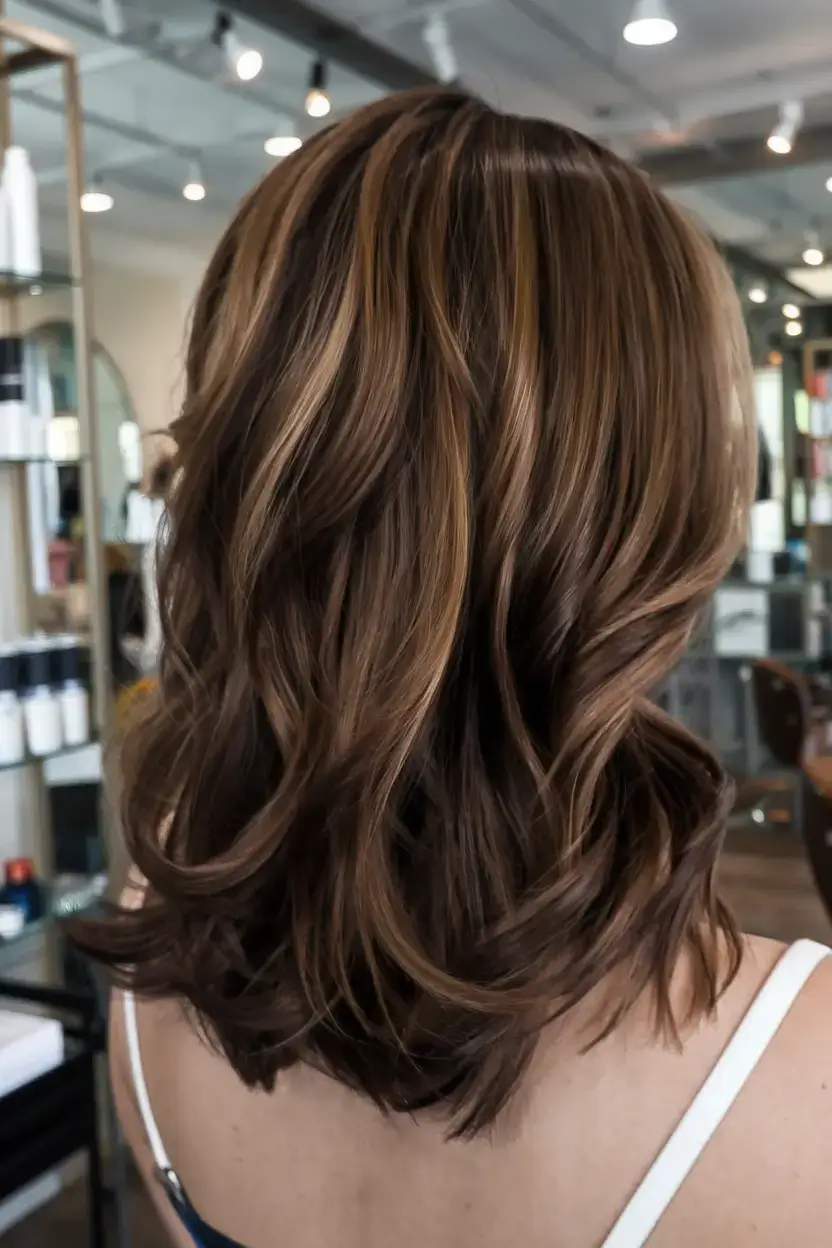 Bronzed Hazelnut Balayage Highlights on a Medium Lob