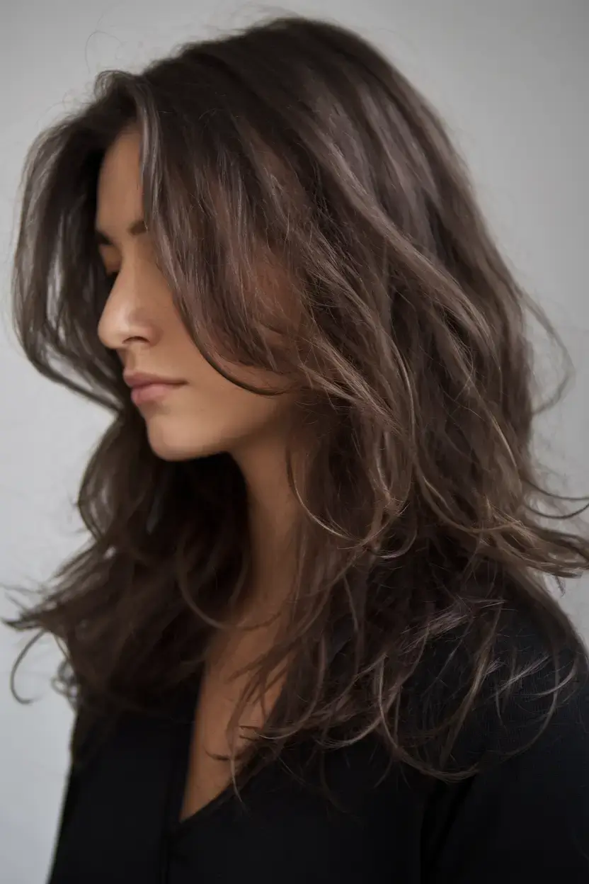 summer brunette hair colors ideas 2025 Muted Chocolate Shag with Effortless Movement
