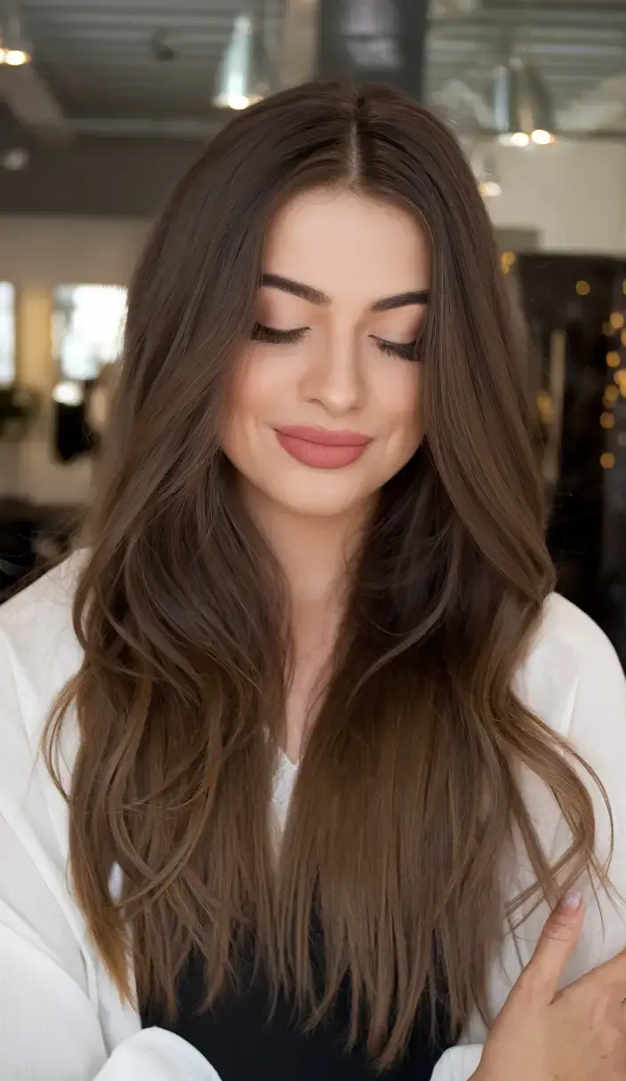 summer brunette hair colors ideas 2025 Neutral Rooted Brunette with Glossy Dimension
