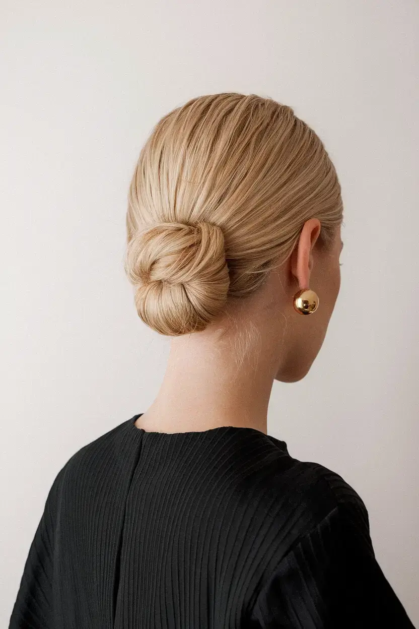 summer buns hairstyle 2025 Classic Blonde Coil with a Polished Twist