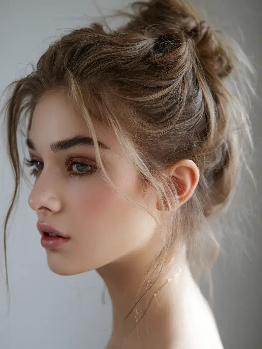 summer buns hairstyle 2025 Airy Textured Top Bun with Whispered Waves
