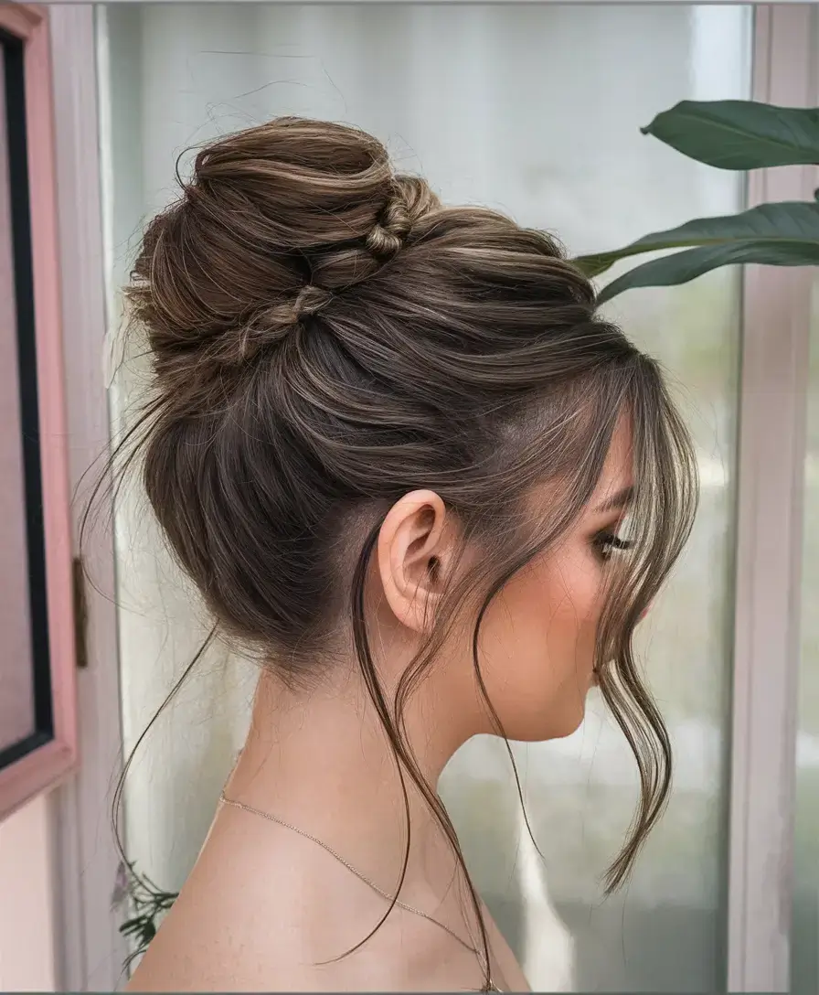 summer buns hairstyle 2025 Braided Crown High Bun for Sunny Afternoons