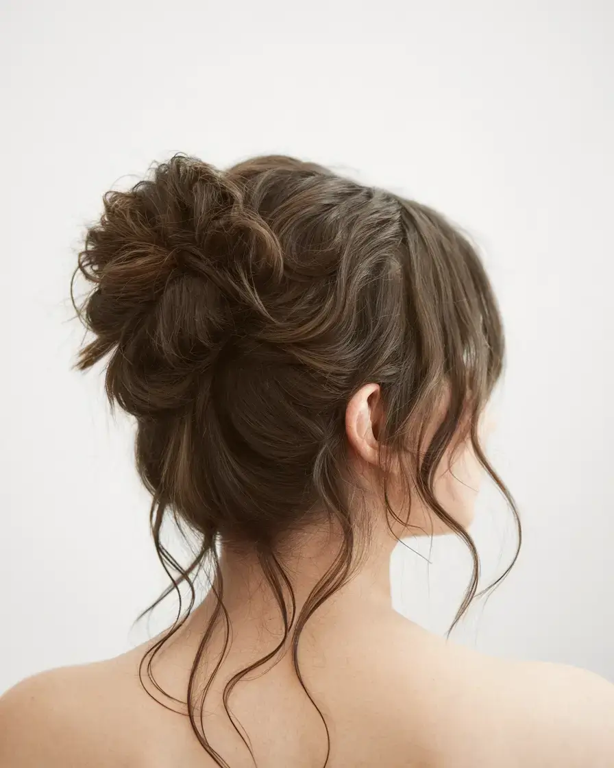 summer buns hairstyle 2025 Soft Curled Bun with Loose Curtain Layers